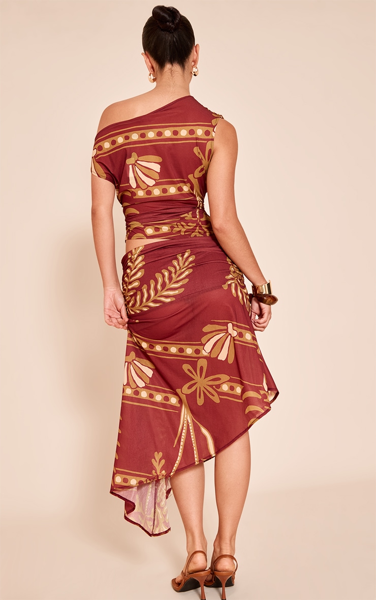 Rust Palm Print Chiffon Asymmetric Midi Skirt image 3