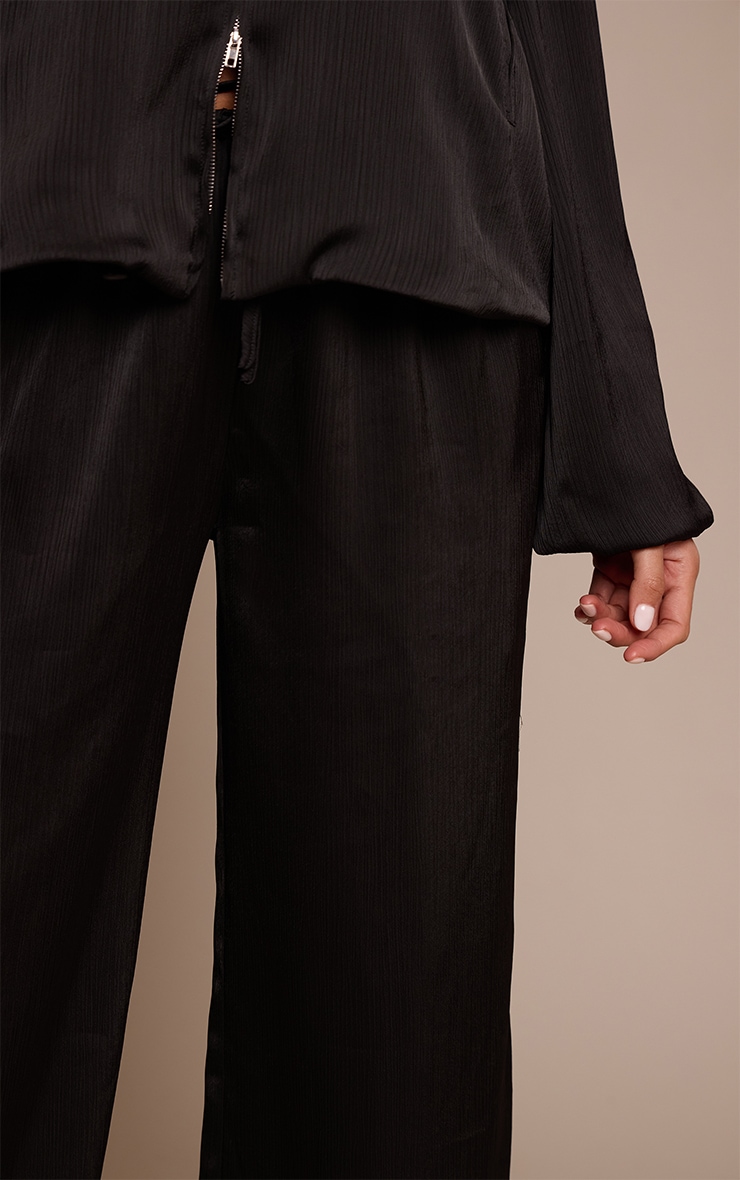 Black Textured Satin Drawstring Straight Leg Pant image 4