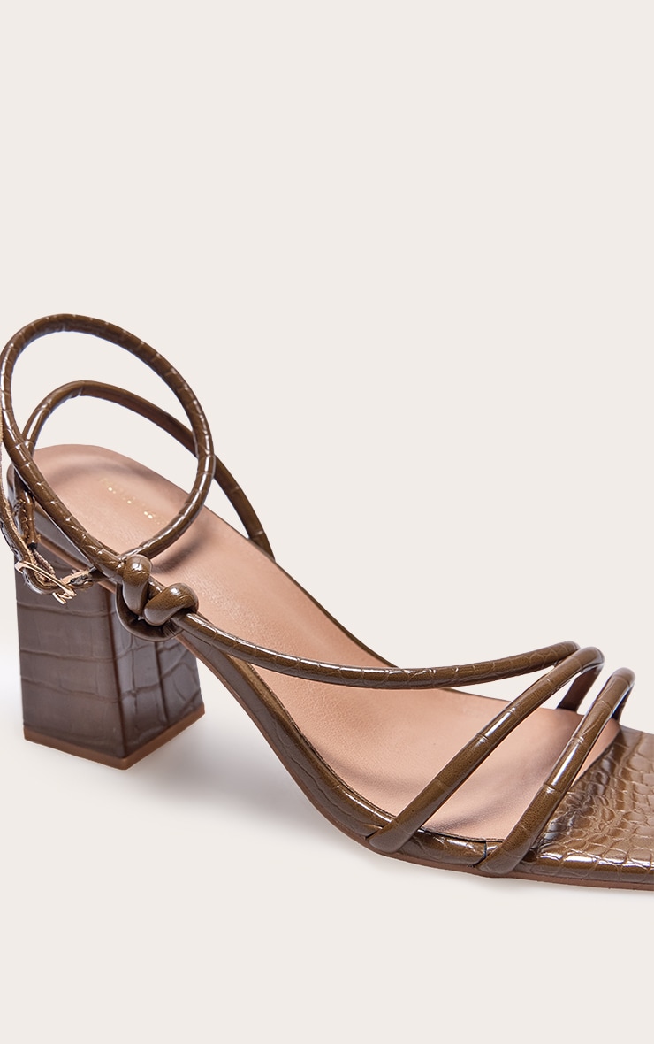 Chocolate Croc PU Square Toe Strappy Tube Asymmetric Block Heeled Sandals image 4