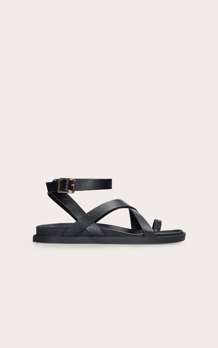 Black Pu Round Toe Ankle Strap Footbed Sandals image 2