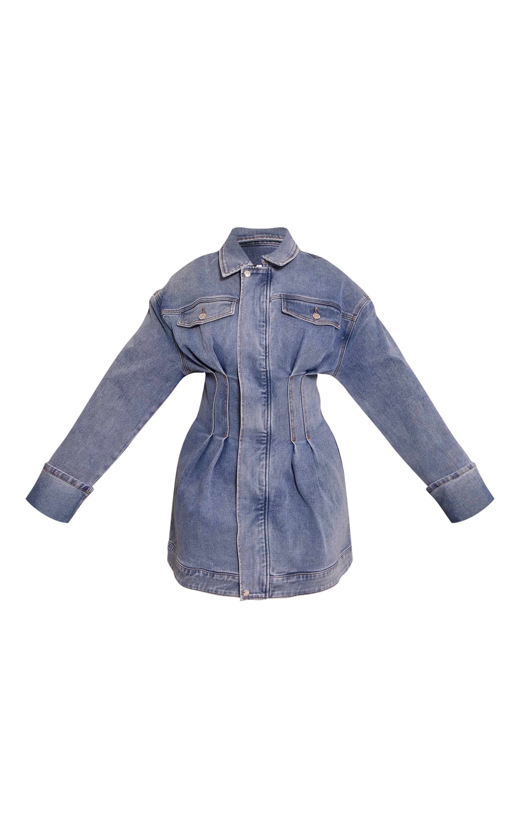 Shape Mid Blue Wash Stretch Denim Cinched Waist Mini Dress image 5