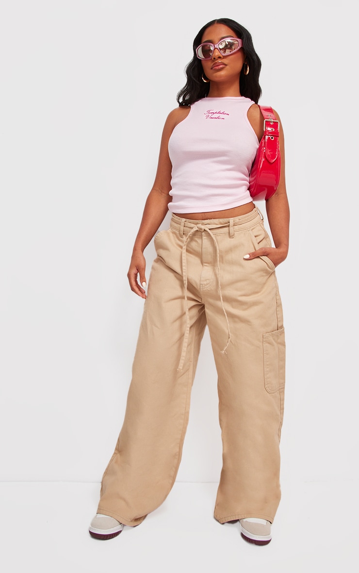 Taupe Tie Waistband Detail Wide Leg Jeans image 1