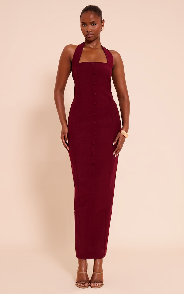 Robe longue tissée prune à dos nu et boutons