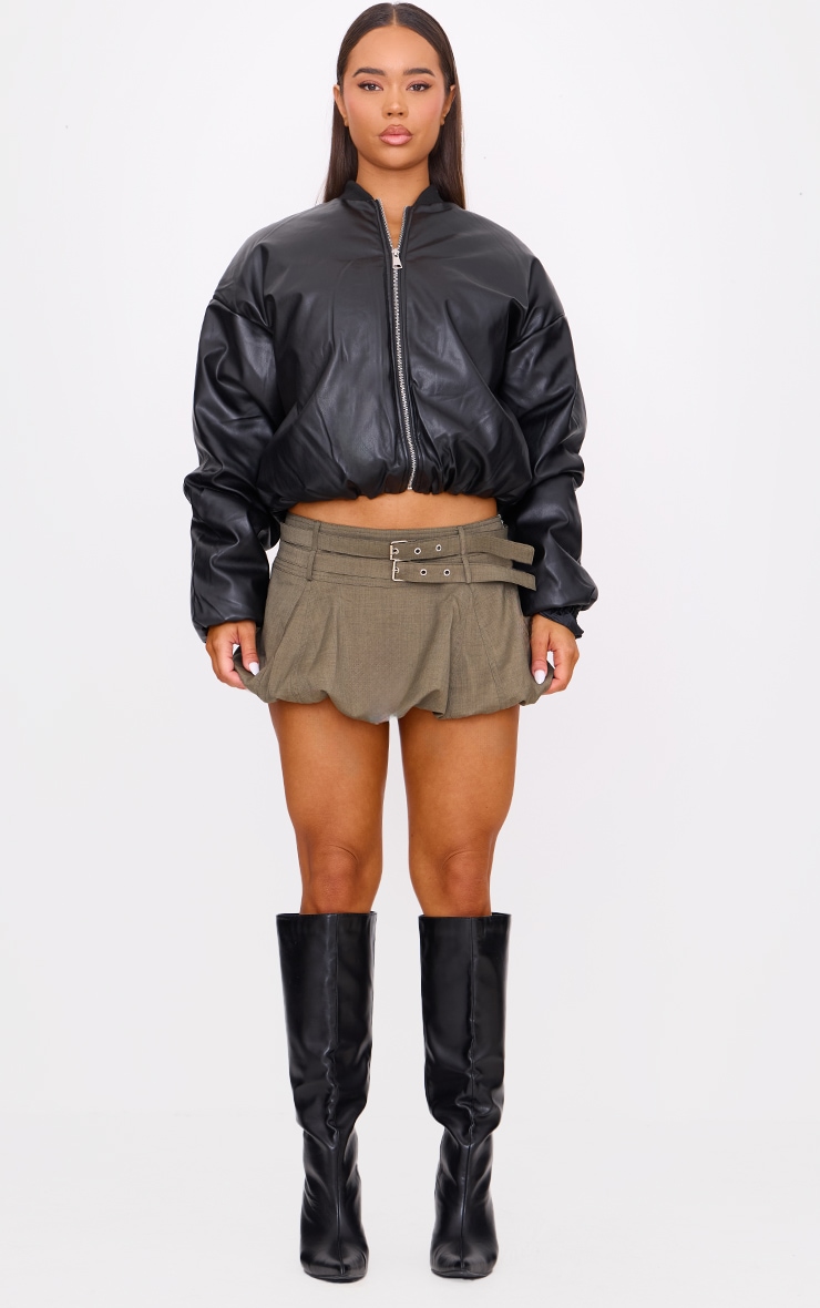 Khaki Double Belt Detail Puffball Mini Skirt image 2