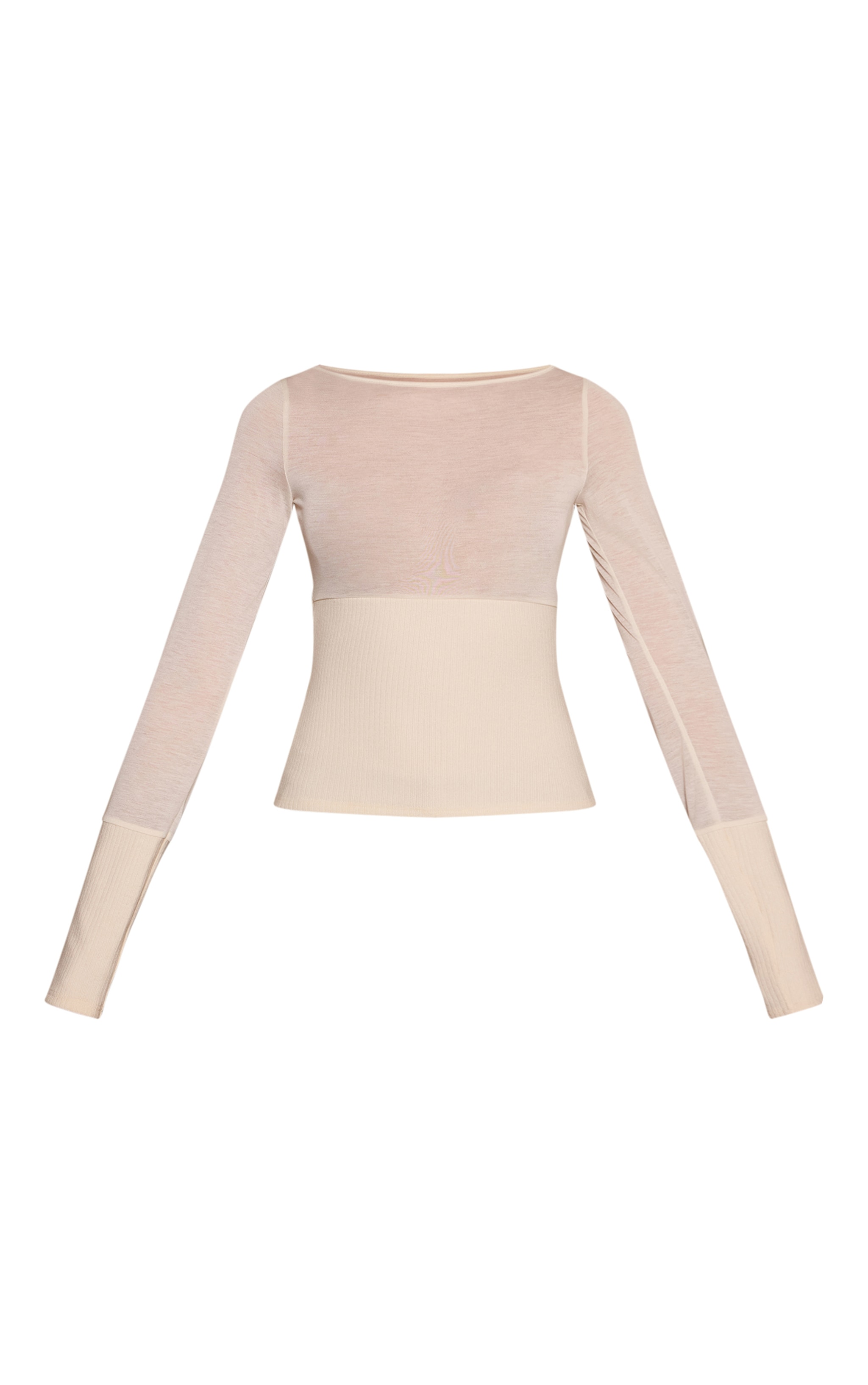 Cream Contrast Jersey Rib Long Sleeve Fitted Top image 5