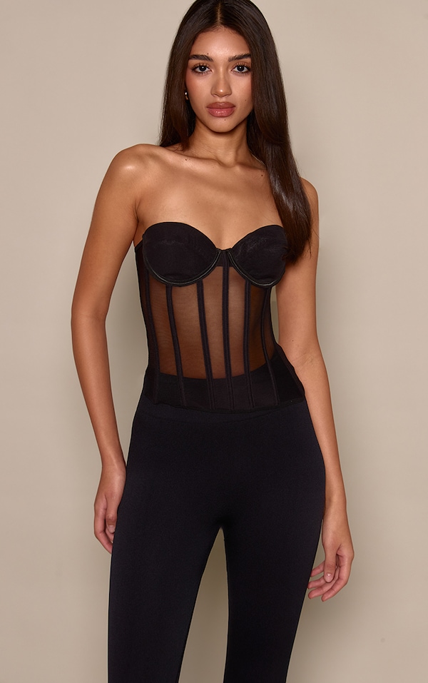 Black Mesh Structured Lace Up Corset