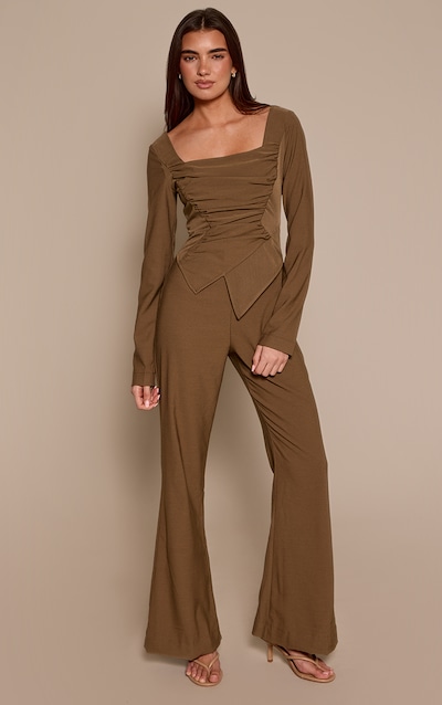 Khaki Long Sleeve Square Neck Ruched Jumpsuit