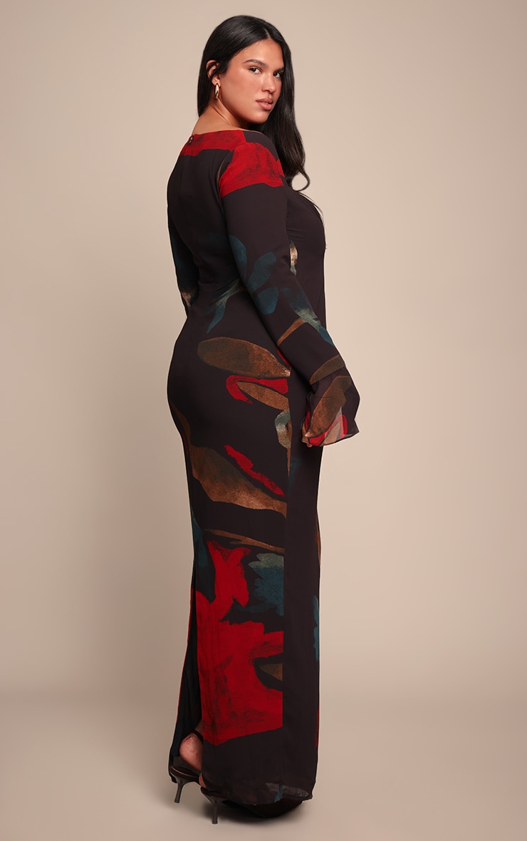 Plus Black Floral Print Chiffon Flute Sleeve Maxi Dress image 2