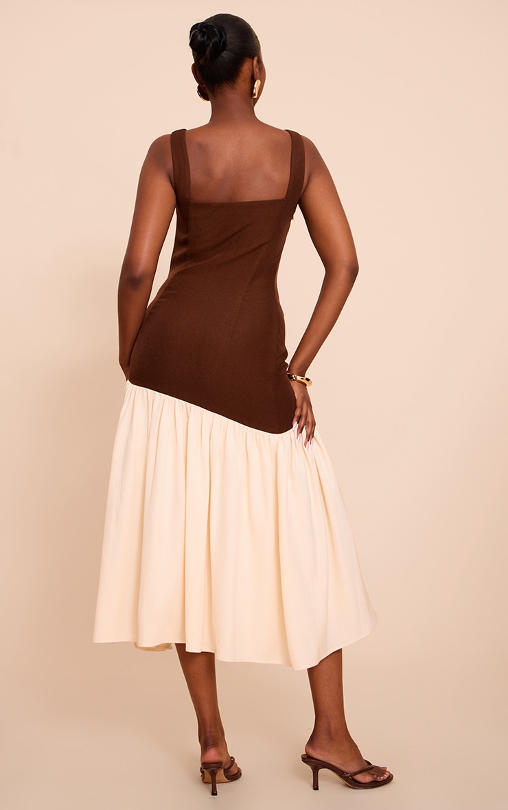 Chocolate Contrast Pleated Hem Square Neck Midaxi Dress image 2