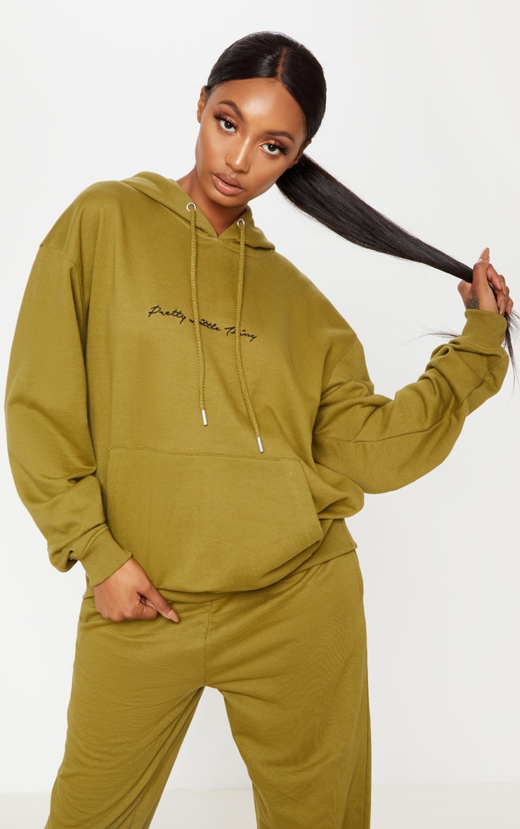 Plt Khaki Embroidered Oversized Hoodie | Tops | PrettyLittleThing