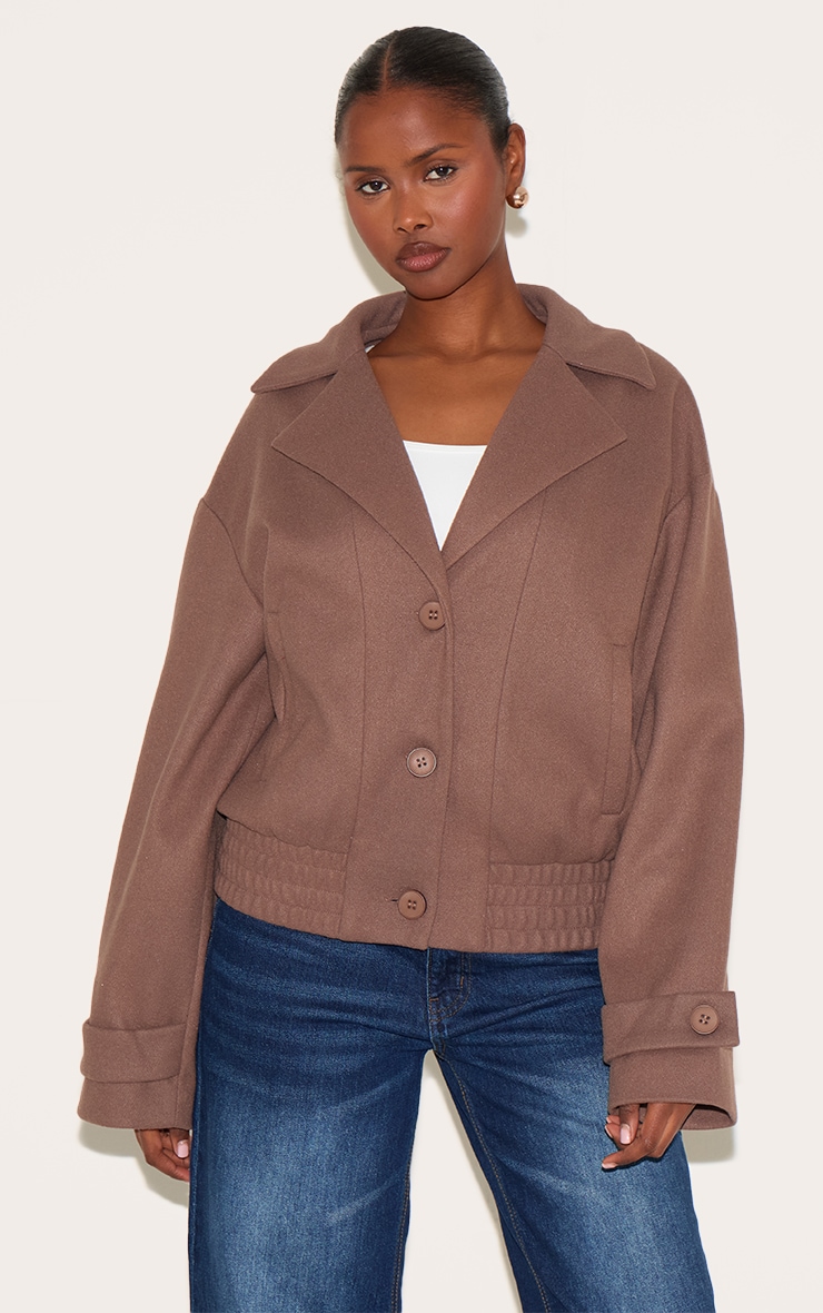 Mushroom Wool Look Button Up Front Bomber Jacket | Outerwear ...