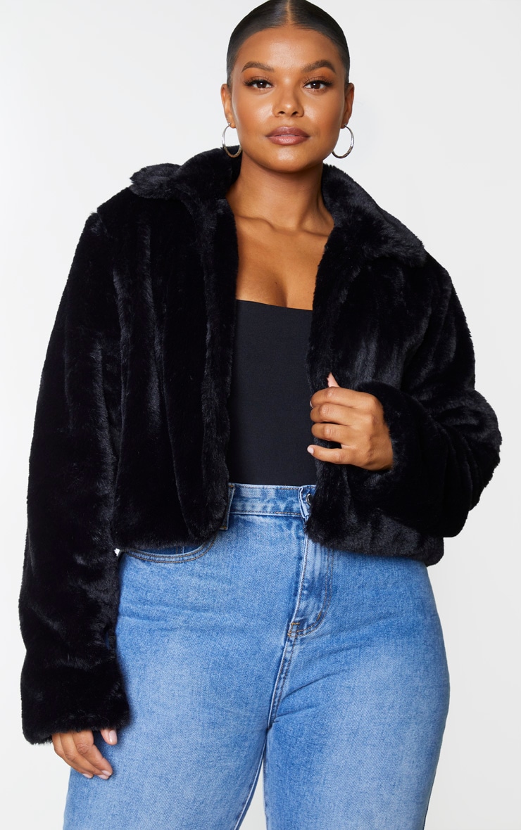 Plus Black Cropped Faux Fur Coat