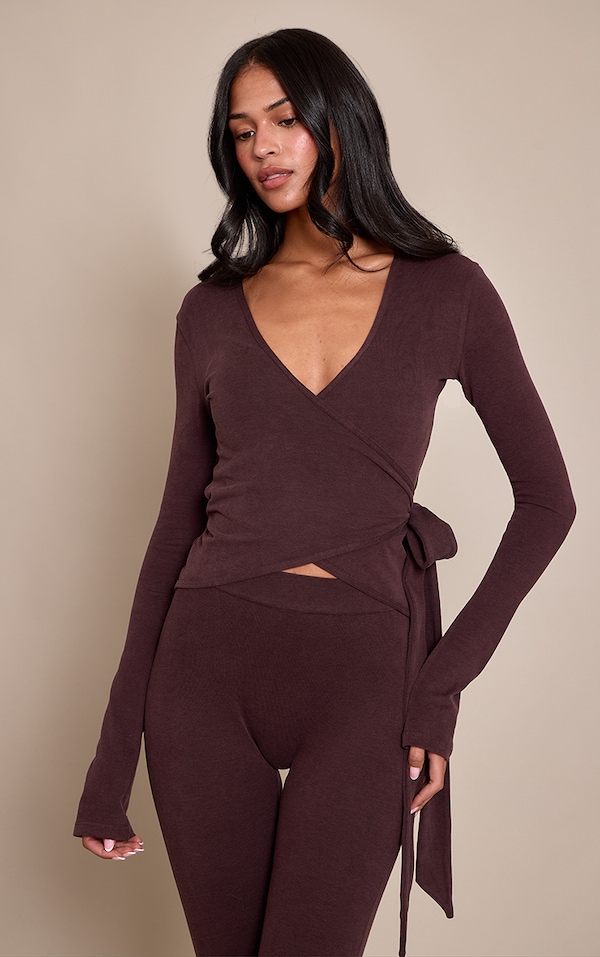 Tall PLT Top de yoga cache-coeur en coton doux chocolat