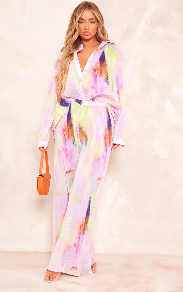 Multi Watercolour Print Plisse Button Front Oversized Shirt image 3