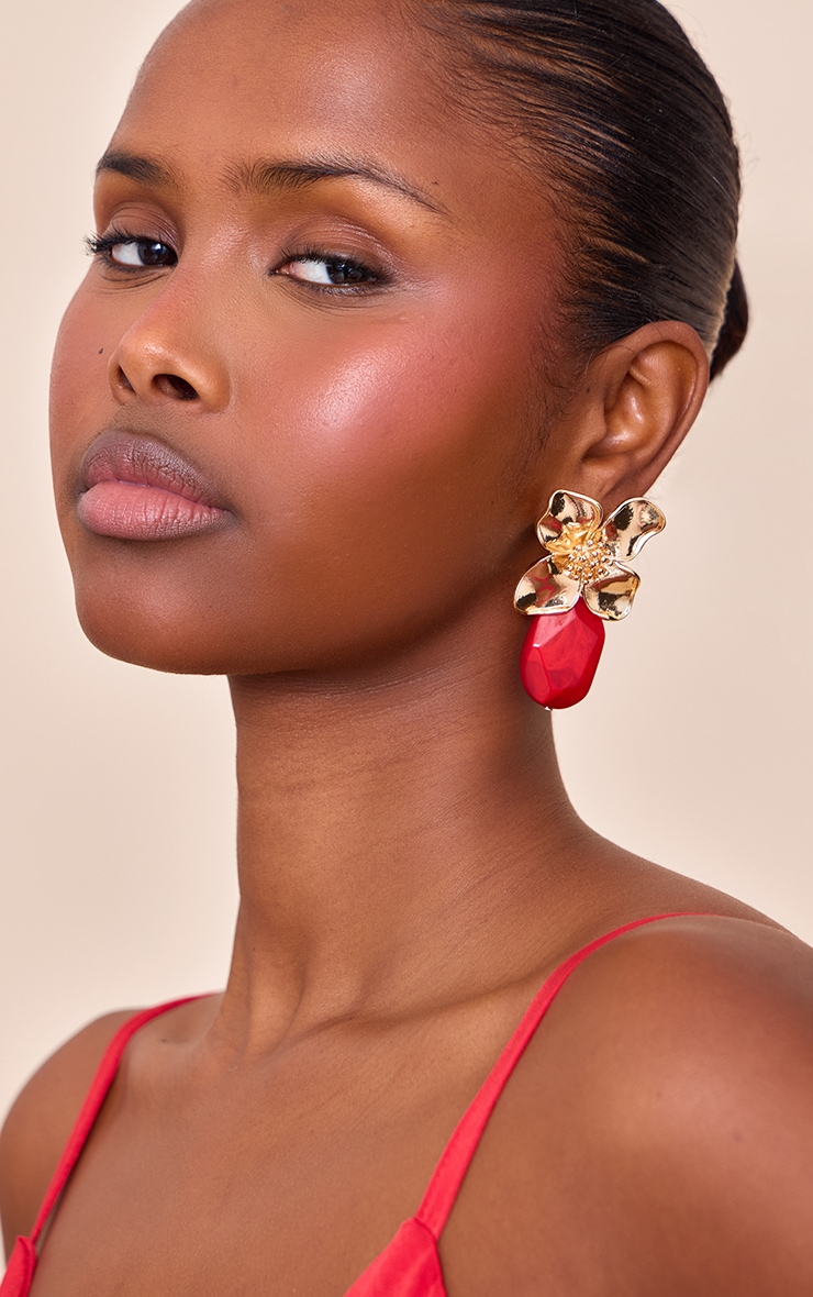 Gold Floral Earrings with Red Crystal Detail image 1