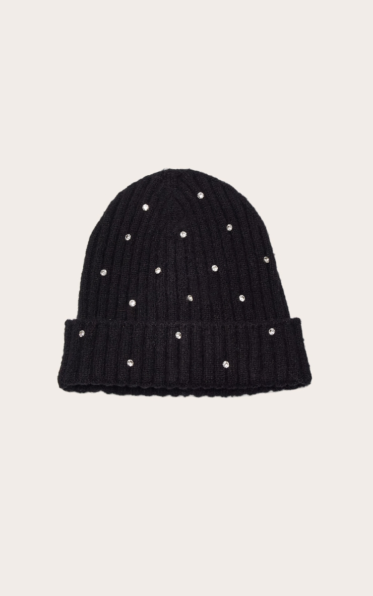 Black Ribbed Diamante Fold Over Beanie image 2