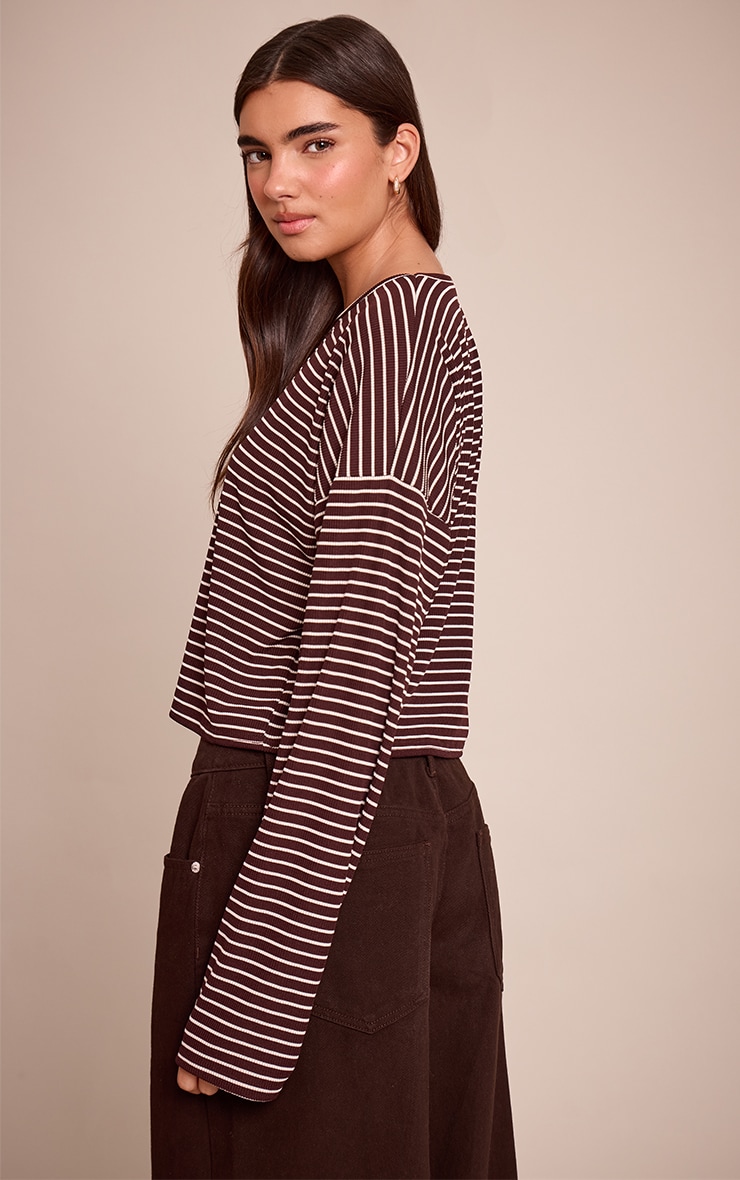 Chocolate Ribbed Stripe Oversized Slouchy Long Sleeve Top  image 2