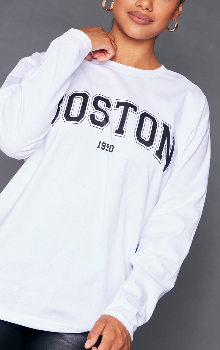 White Boston 1990 Printed Long Sleeve T Shirt image 4