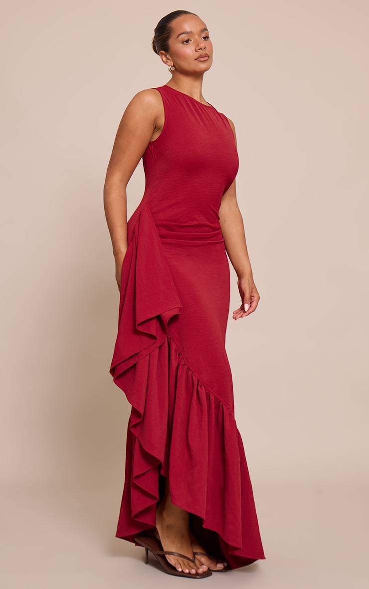 Shape Red Stretch Woven Boat Neck Side Split Frill Maxi Dress image 1