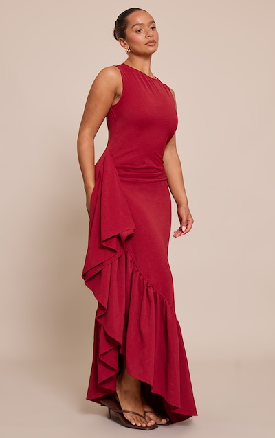 Shape Red Stretch Woven Boat Neck Side Split Frill Maxi Dress