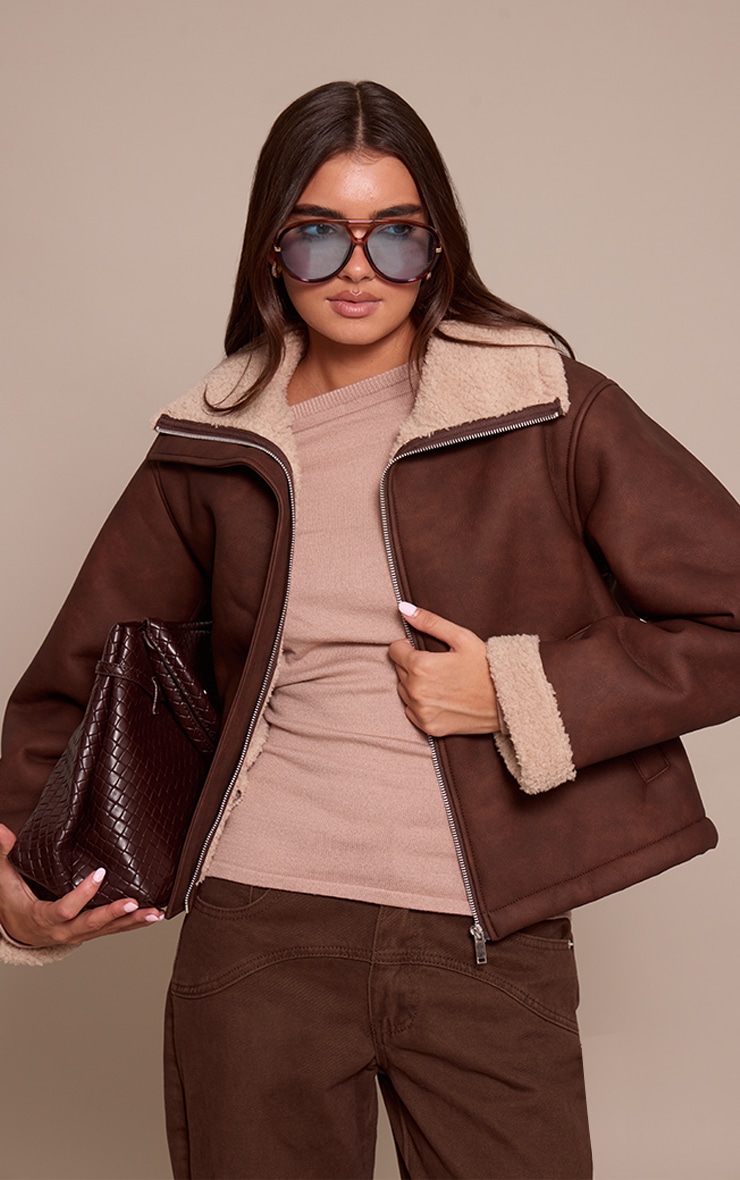 Tan Borg Lining Funnel Neck Aviator image 4
