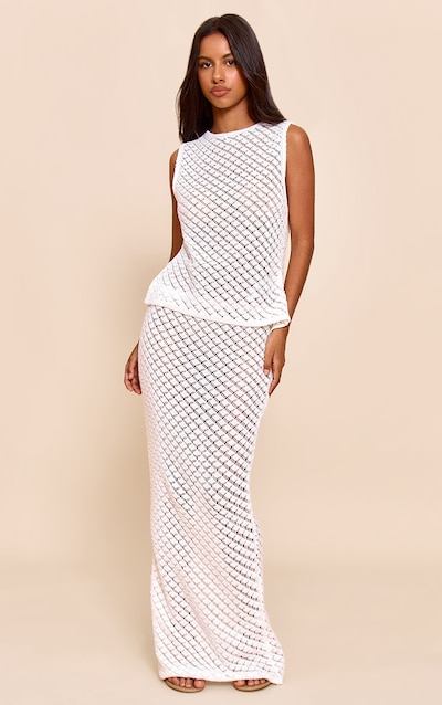 Petite White Knitted Low Rise Maxi Skirt