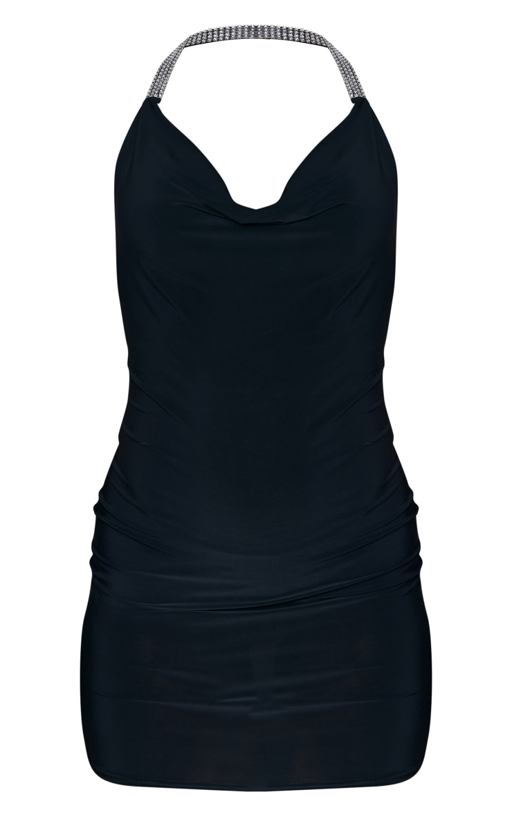 Black Slinky Cowl Diamante Trim Halter Bodycon Dress image 5