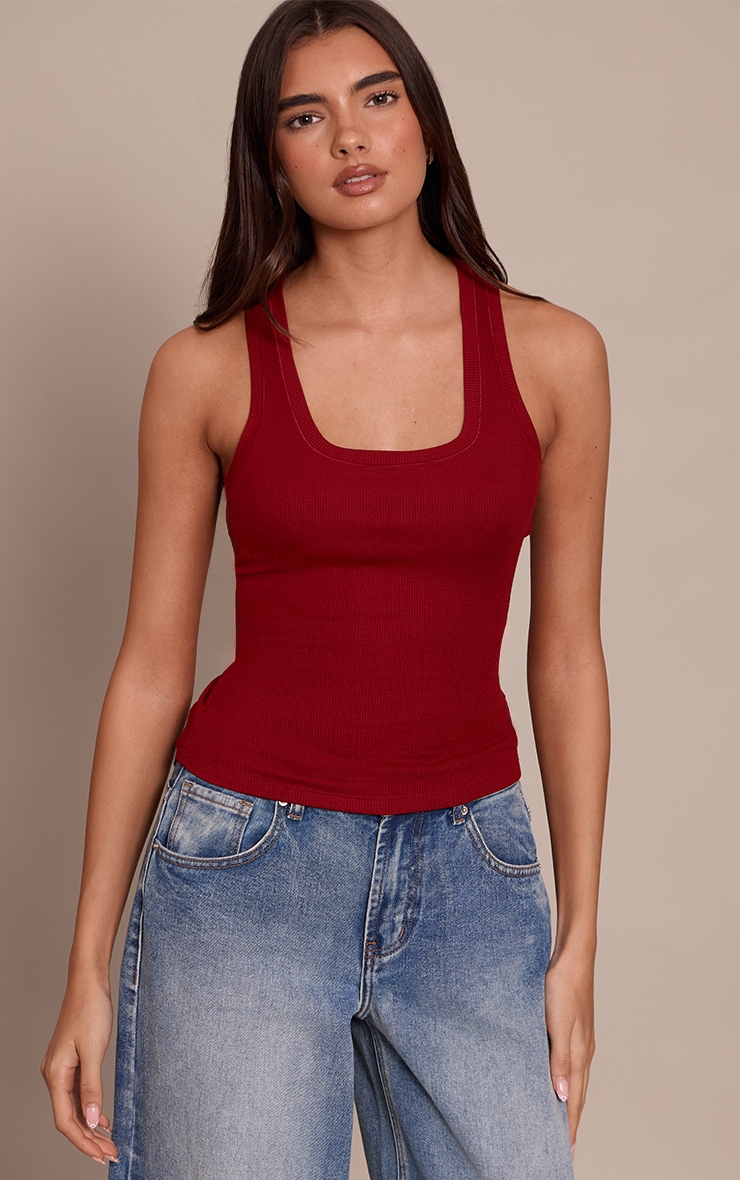 Deep Red Soft Rib Scoop Neck Vest Top