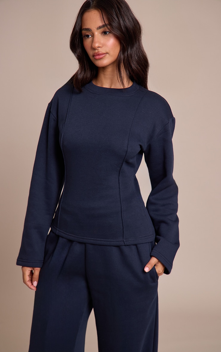Petite Navy Long Sleeve Waist Cinched Sweatshirt