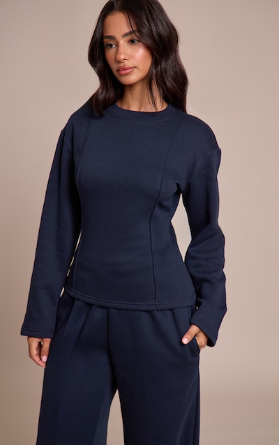 Petite Navy Long Sleeve Waist Cinched Sweatshirt