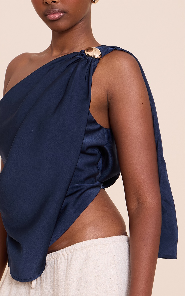 Navy Satin Drape Trim Detail Top image 4