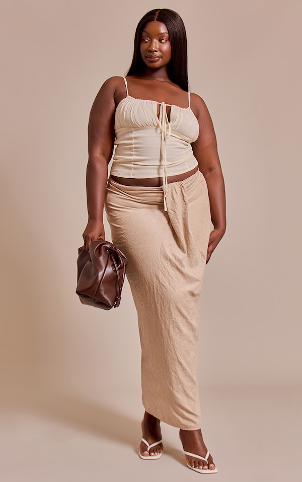 Plus Beige Peachskin Drape Front Maxi Skirt