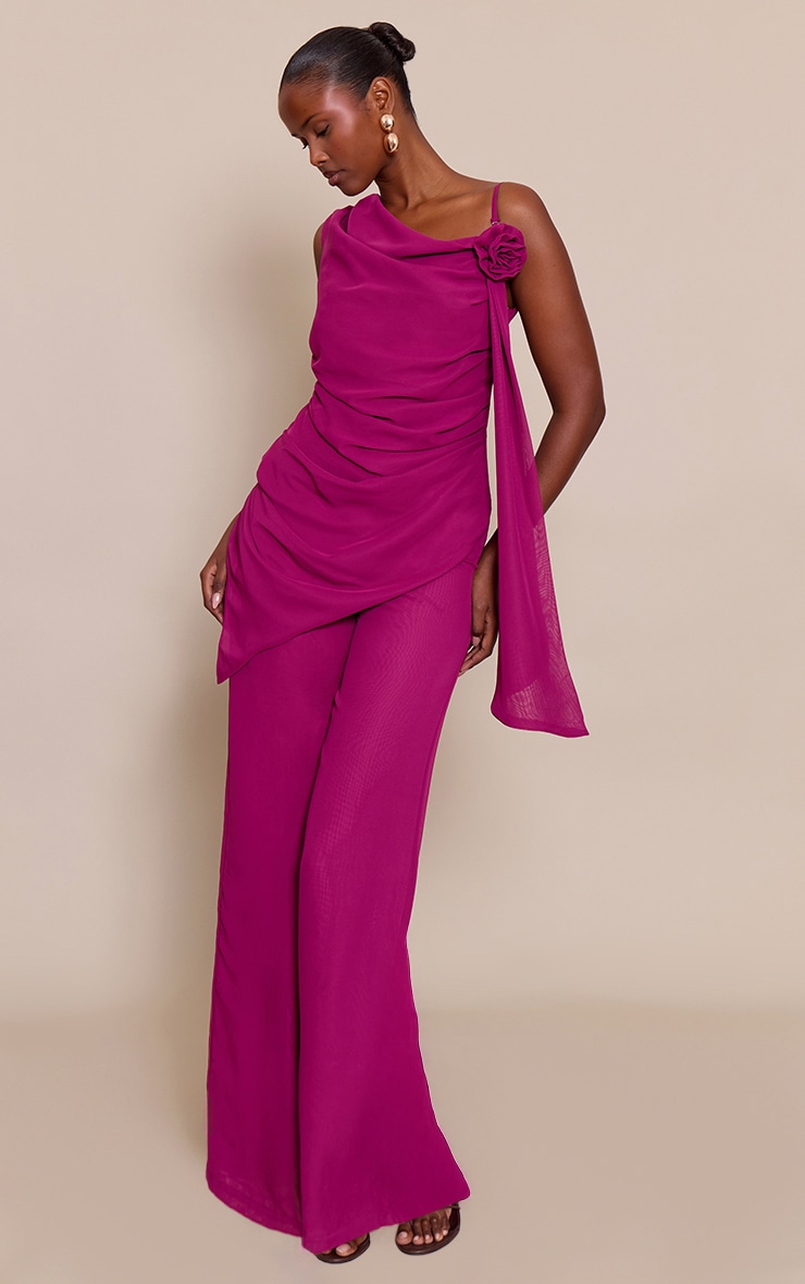Deep Plum Chiffon Corsage Detail Wide Leg Jumpsuit image 3