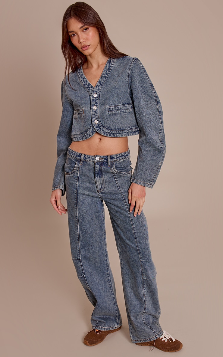 Vintage V Neck Curved Hem Cropped Denim Jacket image 3