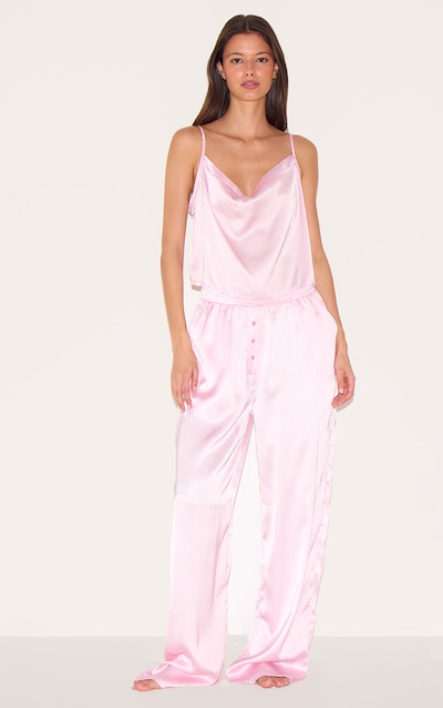 Pink Satin Cowl Neck Cami And Button Trouser PJ Set
