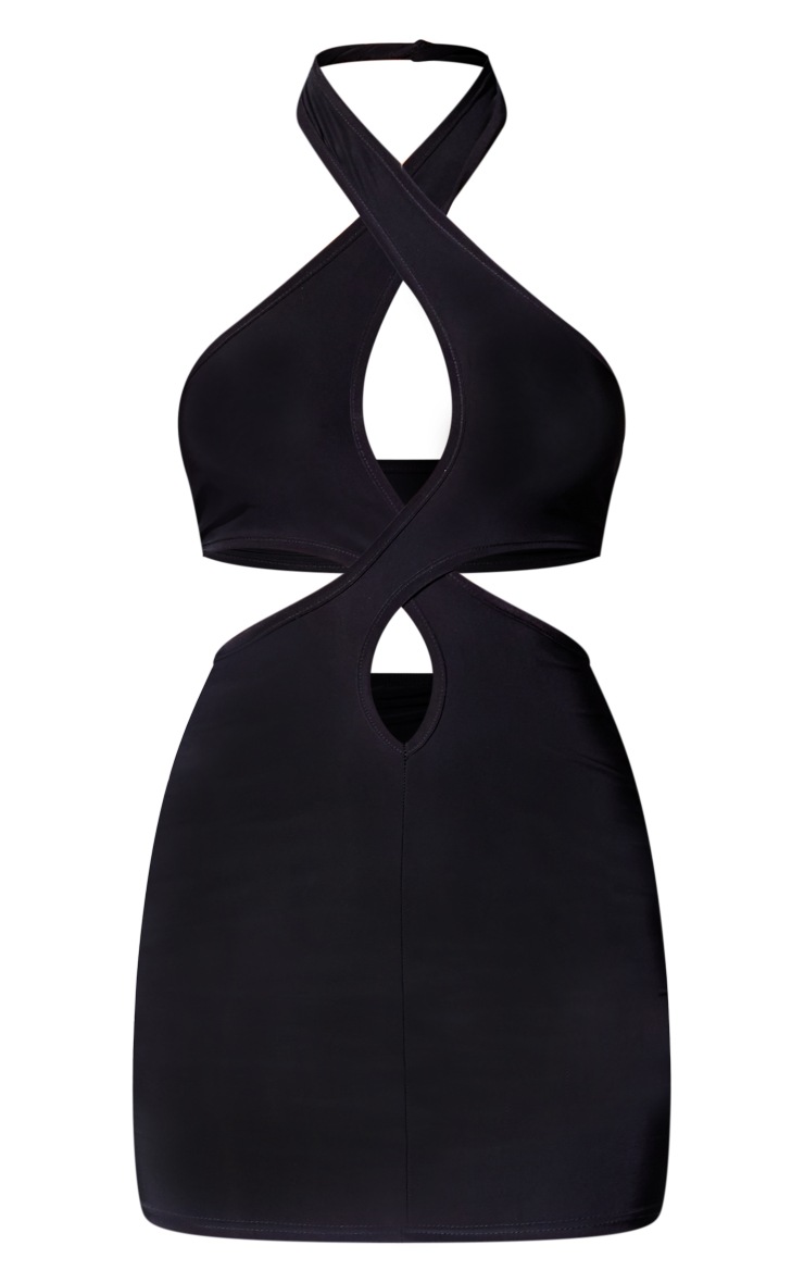 Black Slinky Twist Cross Neck Bodycon Dress PrettyLittleThing SA