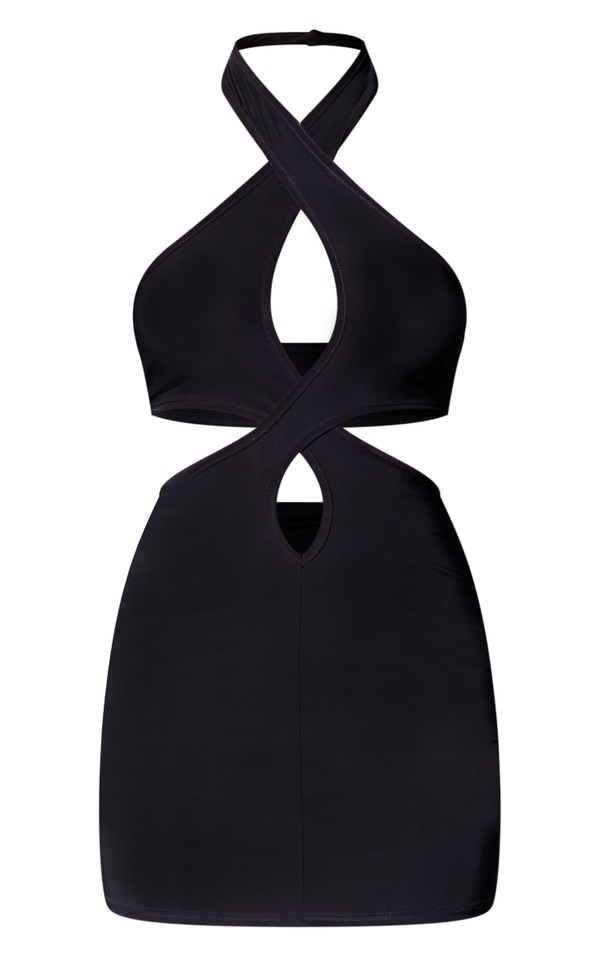 Black Slinky Twist Cross Neck Bodycon Dress PrettyLittleThing USA