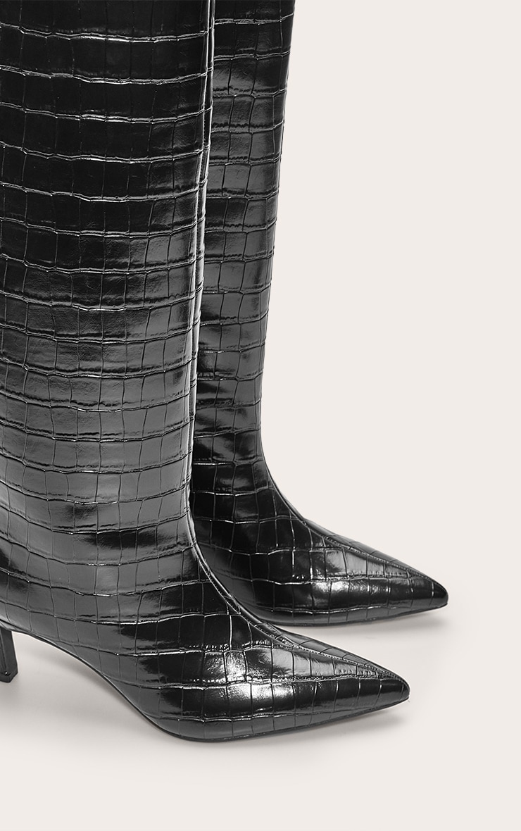 Black Croc Kitten Heel Knee High Boot image 5