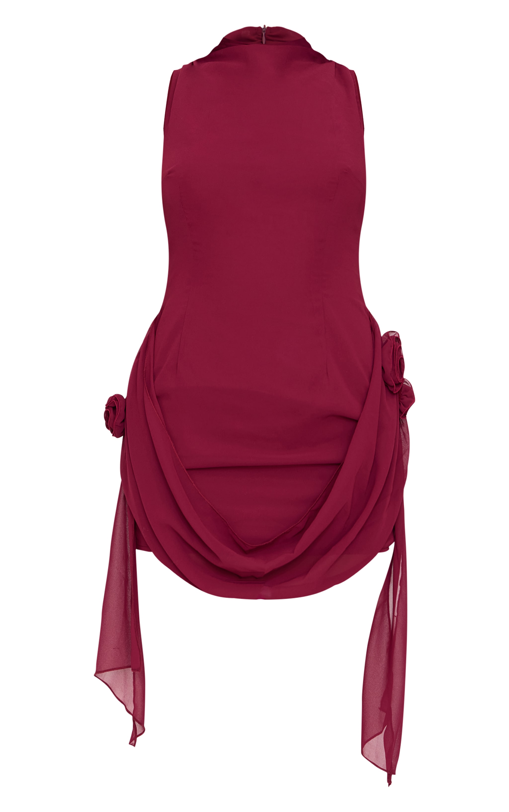 Burgundy Chiffon Boat Neck Drape Detail Mini Dress image 5