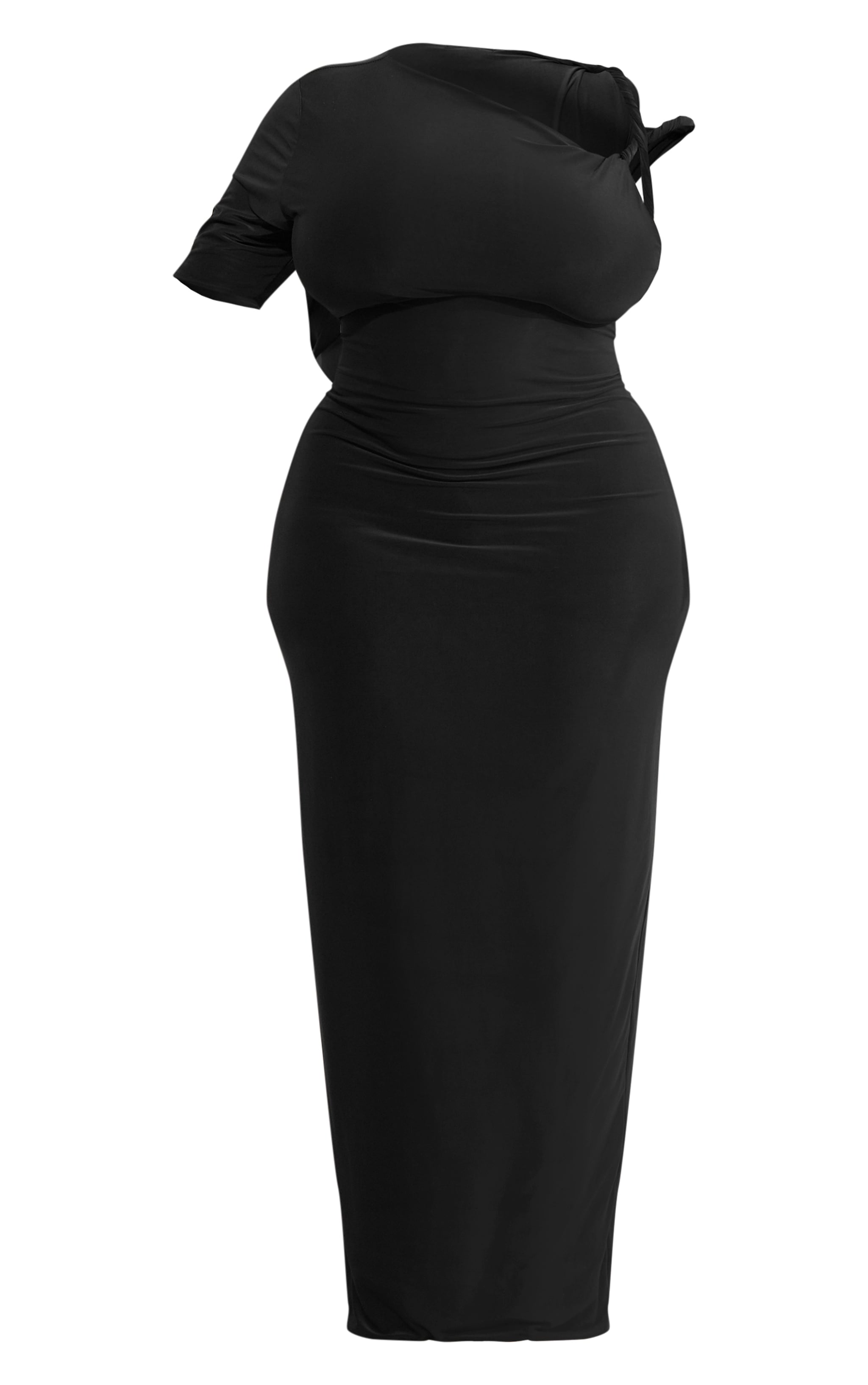 Plus Deep Black Slinky Twist Shoulder Midaxi Dress image 1