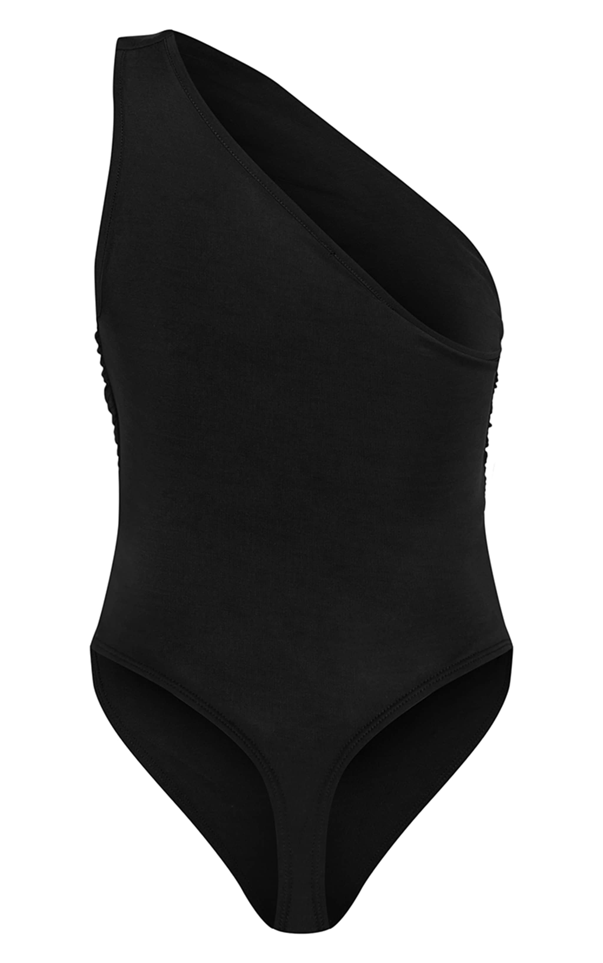 Black Modal Ruched Detail Asymmetric Bodysuit image 6