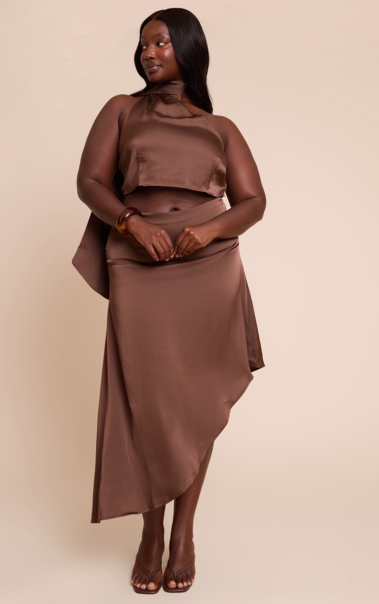 Plus Dark Brown Printed Satin Asymmetric Midi Skirt image 1