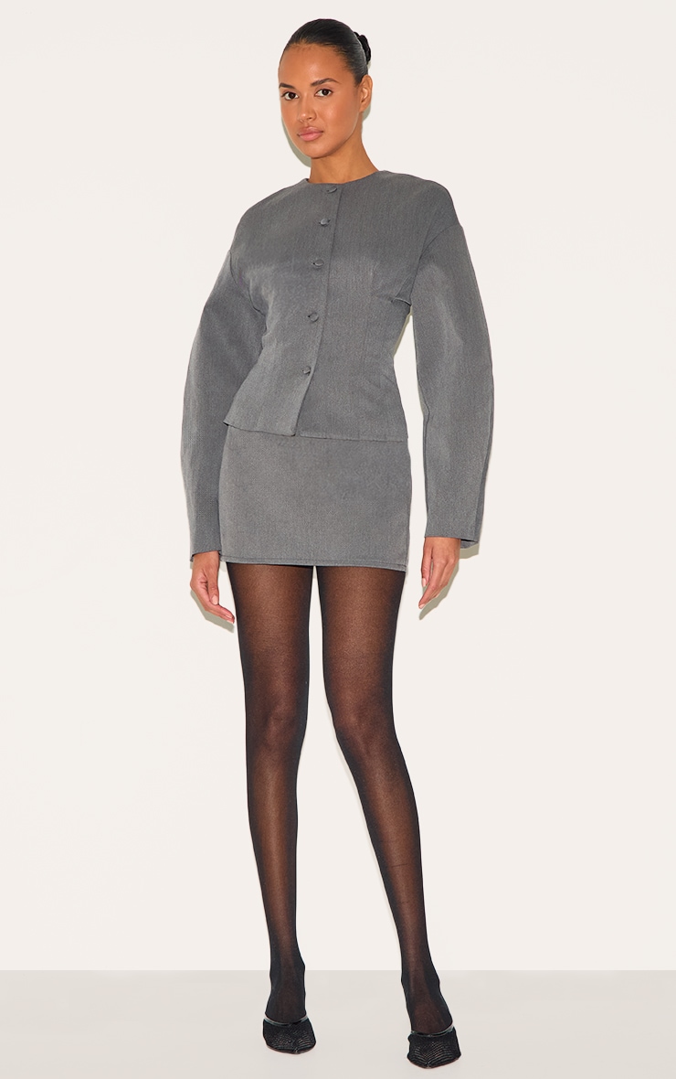 Blazer de tailleur tissé gris anthracite à épaules carrées et manches ballon image 4