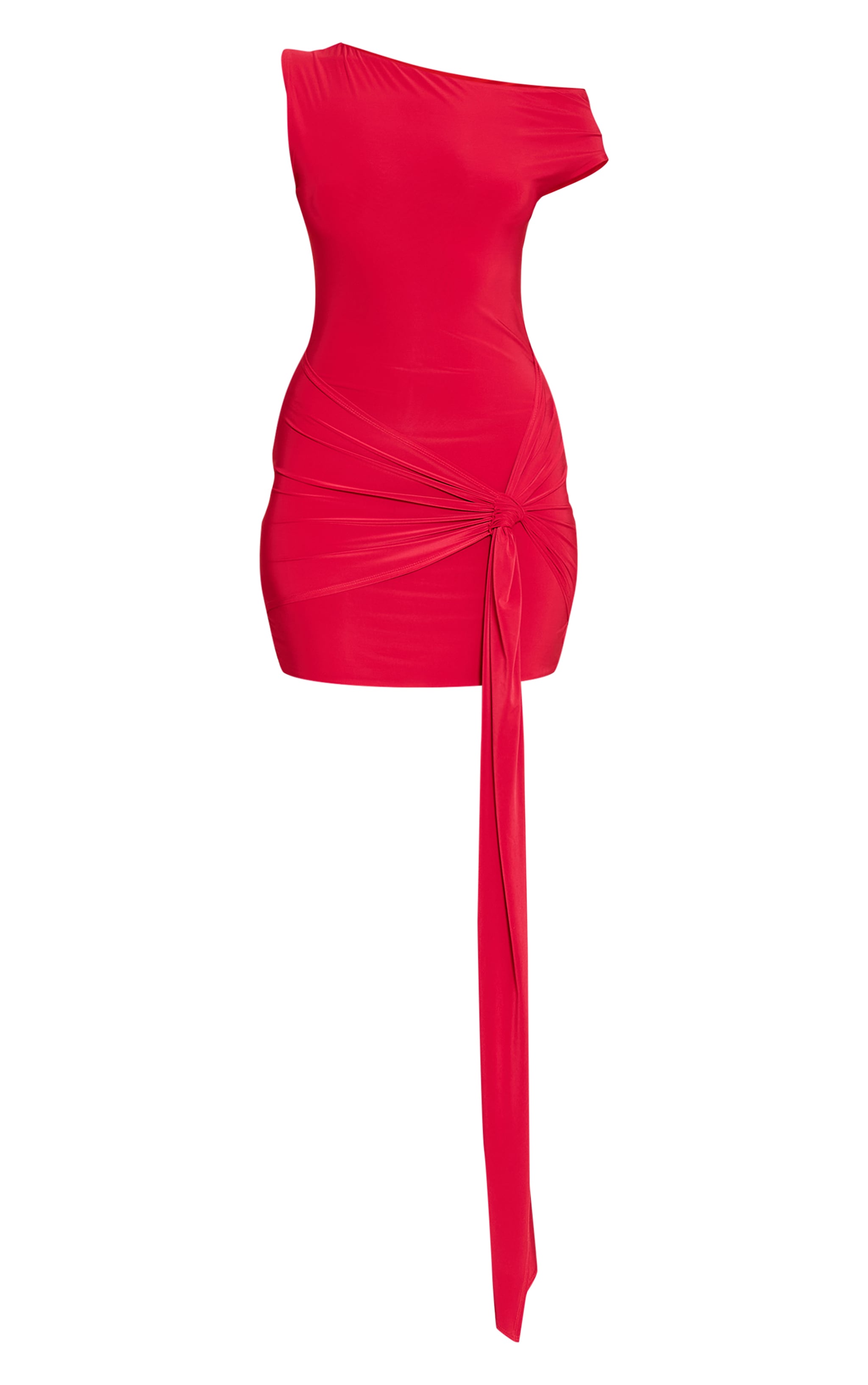 Red Slinky Asymmetric Drape Bodycon Mini Dress image 5