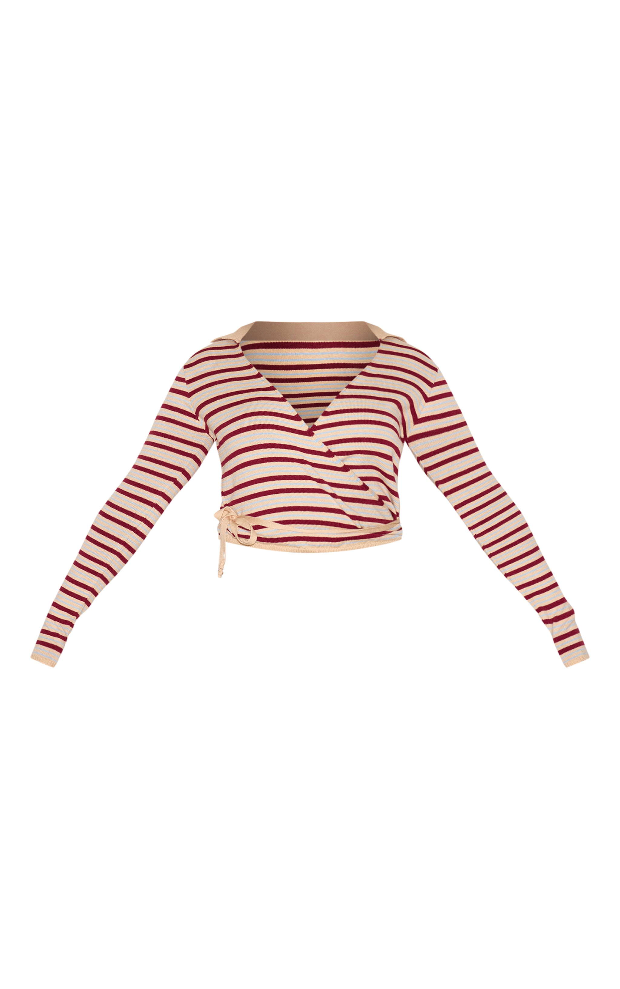 Shape Cream Knitted Striped Tie Waist Collared Sweater image 5