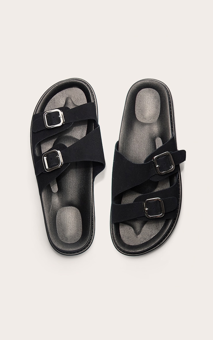 Black Faux Suede Double Buckle Footbed Sandals image 5