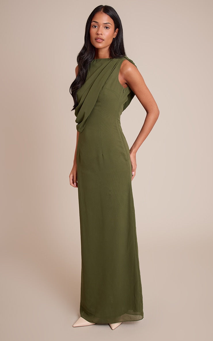 Tall Khaki Chiffon Wrap Detail Maxi Dress image 3