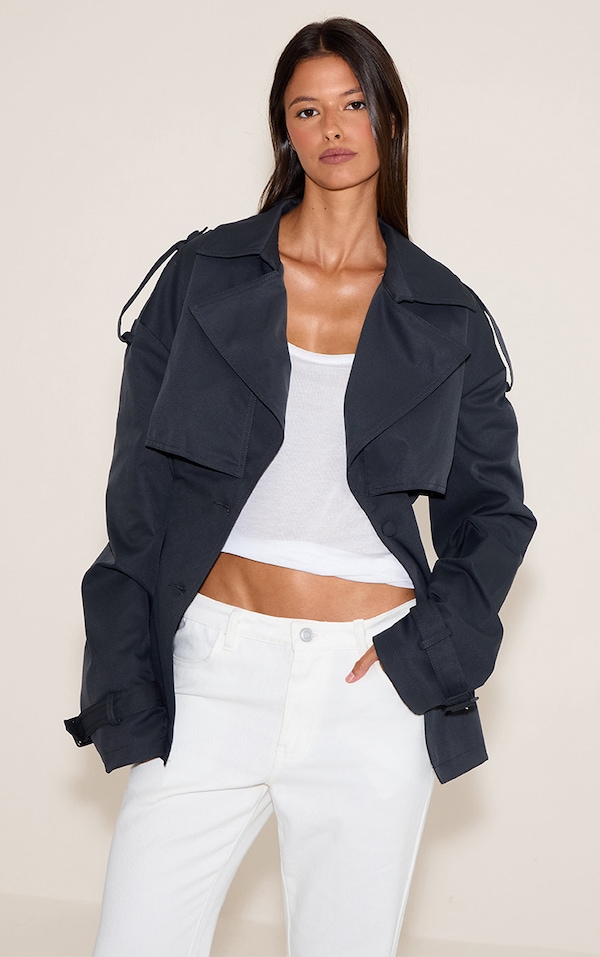 Charcoal Cropped Belted Trench Coat