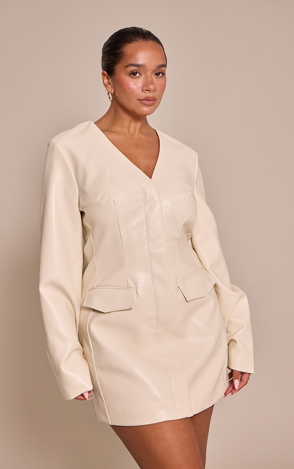 SHAPE CREAM FAUX LEATHER MINI BLAZER DRESS