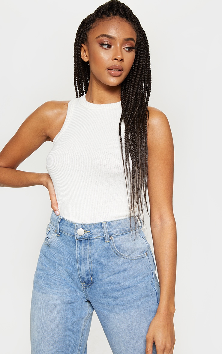 White Brushed Rib Racer Neck Sleeveless Vest